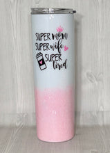 Load image into Gallery viewer, Super Mom themed Skinny Glitter Tumbler
