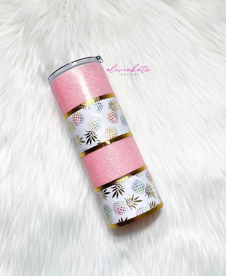 Coral Pineapple Glitter Tumbler