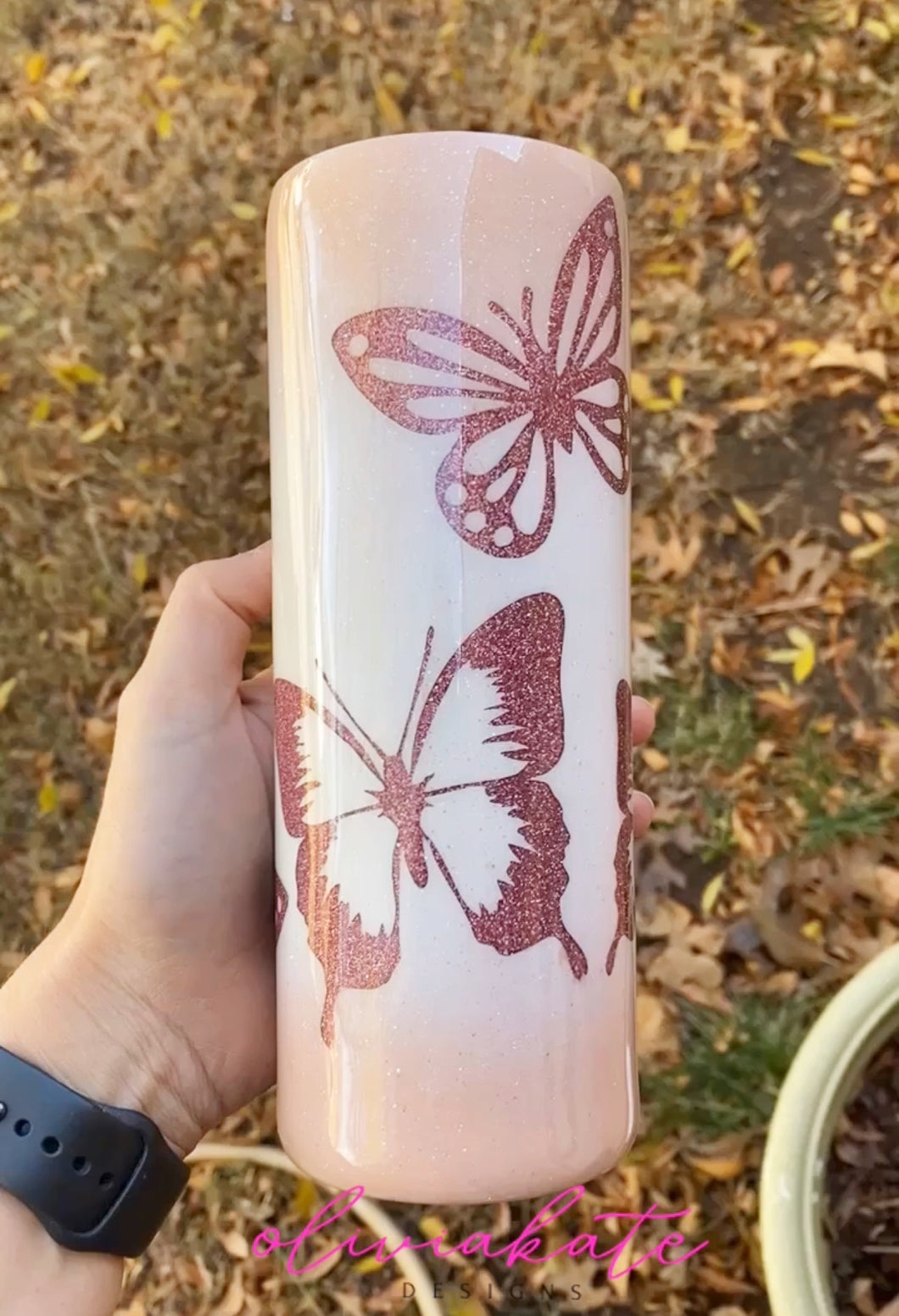 Butterfly Rose Gold Glitter Tumbler White Glitter Custom 