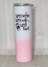 Load image into Gallery viewer, Super Mom themed Skinny Glitter Tumbler
