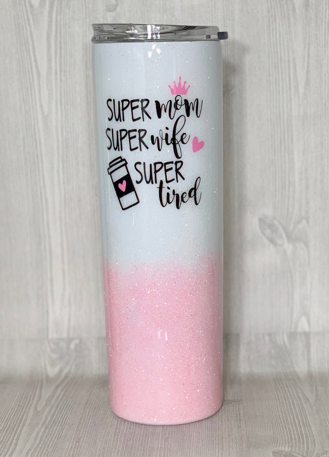 Super Mom themed Skinny Glitter Tumbler