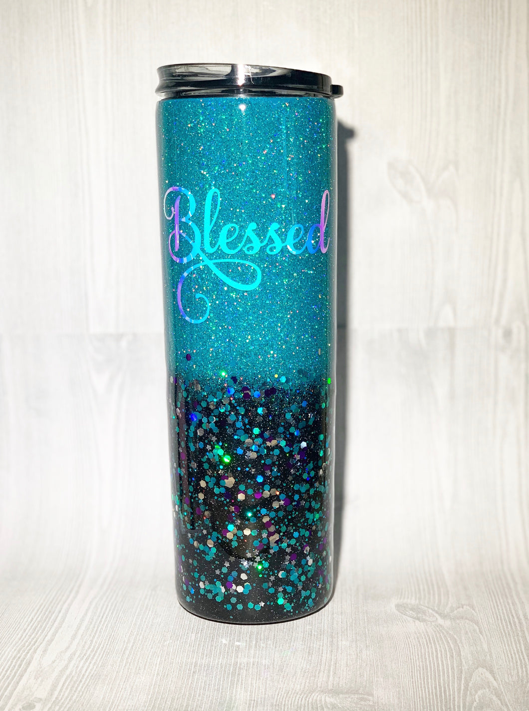 Deep Mint and Black Confetti Skinny Glitter Tumbler